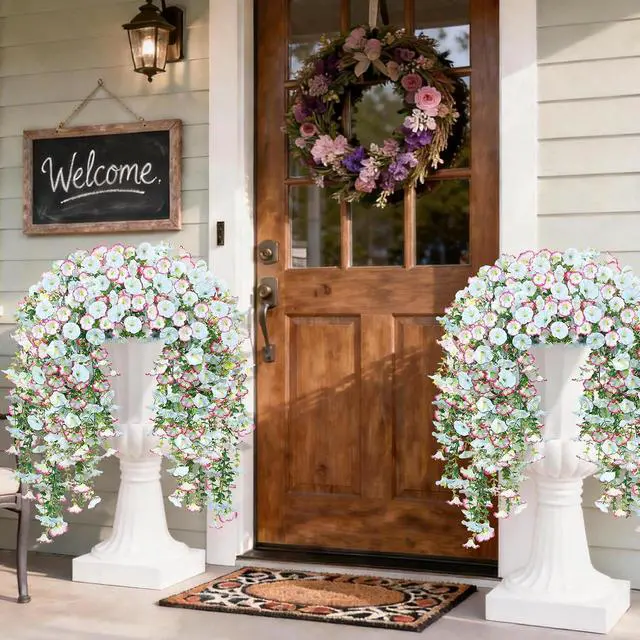 Alt view image 5 of 7 - Artificial Hanging Flowers for Outdoors, 2 PCS 300 Blooms UV Resistant Morning Glory Faux Silk Vines, No-Odor Realistic Fake Plants for Garden Planter Porch Patio Decoration, Blue & White