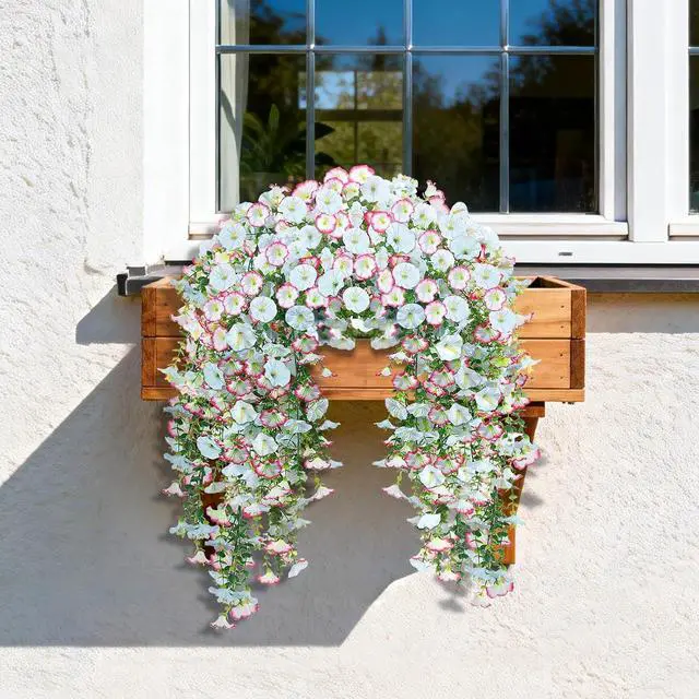 Alt view image 6 of 7 - Artificial Hanging Flowers for Outdoors, 2 PCS 300 Blooms UV Resistant Morning Glory Faux Silk Vines, No-Odor Realistic Fake Plants for Garden Planter Porch Patio Decoration, Blue & White
