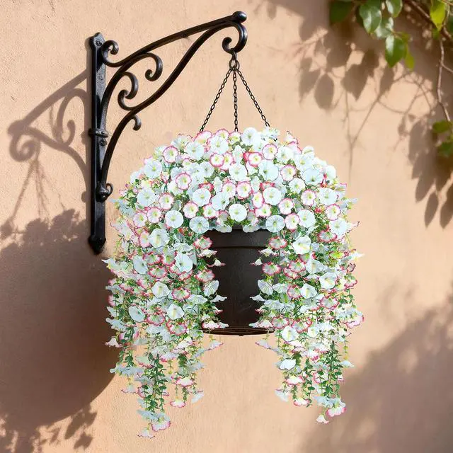 Alt view image 7 of 7 - Artificial Hanging Flowers for Outdoors, 2 PCS 300 Blooms UV Resistant Morning Glory Faux Silk Vines, No-Odor Realistic Fake Plants for Garden Planter Porch Patio Decoration, Blue & White