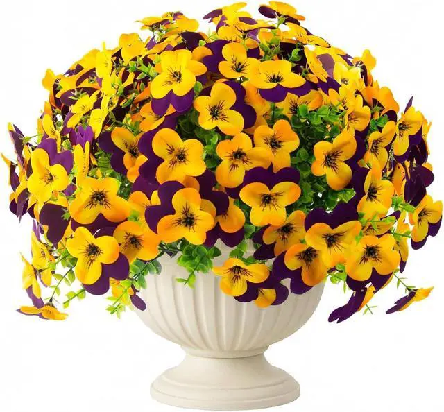 Main image of lovemoon 16pcs Artificial Pansy Flowers Faux Silk Spring Flowers, UV Resistant Realistic Pansies for Window Box Front Door Porch Garden Outdoor Home Decor (16, Purple,Yellow)