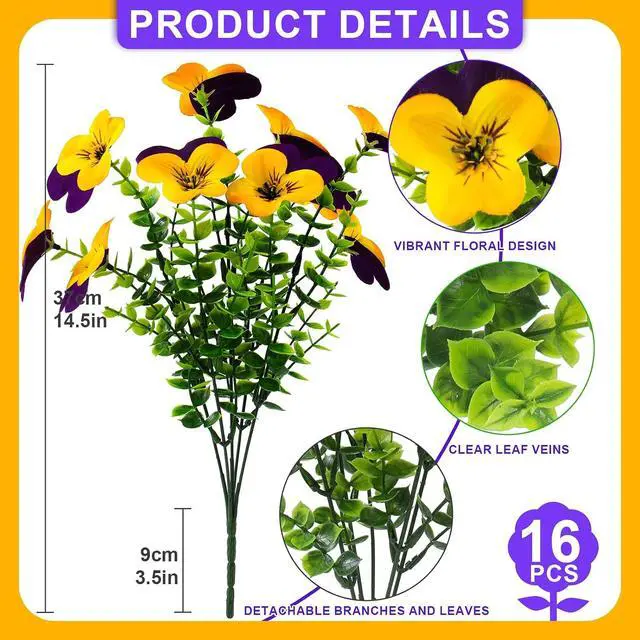 Alt view image 2 of 7 - lovemoon 16pcs Artificial Pansy Flowers Faux Silk Spring Flowers, UV Resistant Realistic Pansies for Window Box Front Door Porch Garden Outdoor Home Decor (16, Purple,Yellow)