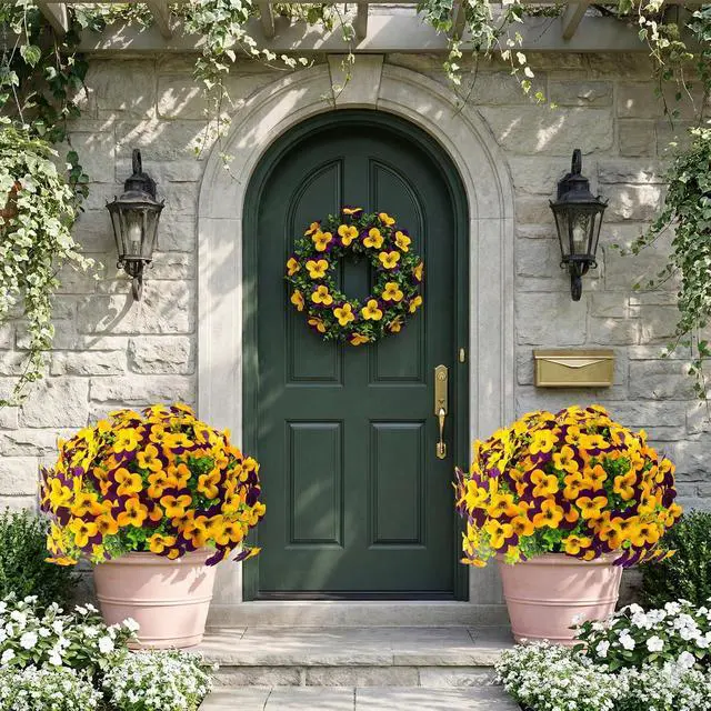 Alt view image 3 of 7 - lovemoon 16pcs Artificial Pansy Flowers Faux Silk Spring Flowers, UV Resistant Realistic Pansies for Window Box Front Door Porch Garden Outdoor Home Decor (16, Purple,Yellow)