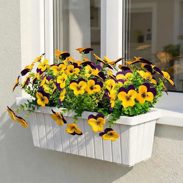 Alt view image 4 of 7 - lovemoon 16pcs Artificial Pansy Flowers Faux Silk Spring Flowers, UV Resistant Realistic Pansies for Window Box Front Door Porch Garden Outdoor Home Decor (16, Purple,Yellow)