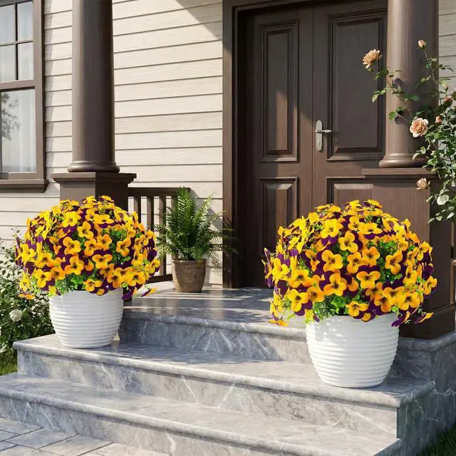 Alt view image 5 of 7 - lovemoon 16pcs Artificial Pansy Flowers Faux Silk Spring Flowers, UV Resistant Realistic Pansies for Window Box Front Door Porch Garden Outdoor Home Decor (16, Purple,Yellow)