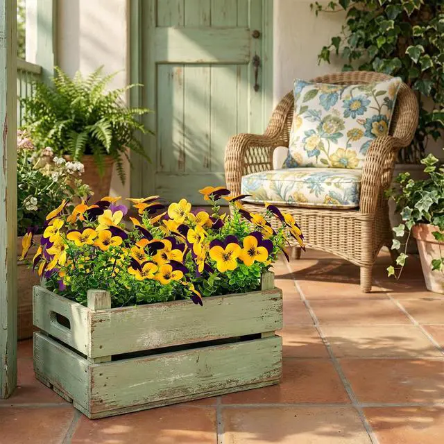 Alt view image 6 of 7 - lovemoon 16pcs Artificial Pansy Flowers Faux Silk Spring Flowers, UV Resistant Realistic Pansies for Window Box Front Door Porch Garden Outdoor Home Decor (16, Purple,Yellow)