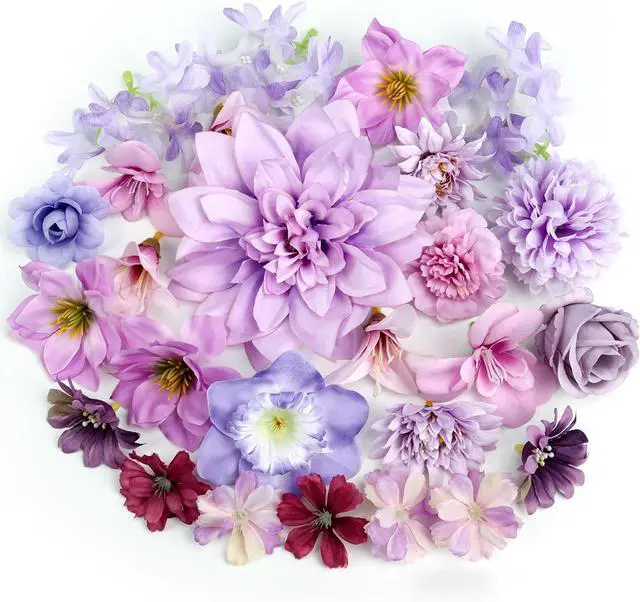 Main image of QUOZUO Artificial Flower Heads, Mini Silk Roses Peonies Daisy Purple Floral Fake Flower Heads for DIY Wreath Gift, Cake Decorations, Table Centerpieces, Party Wedding Home Decoration, 26PCS