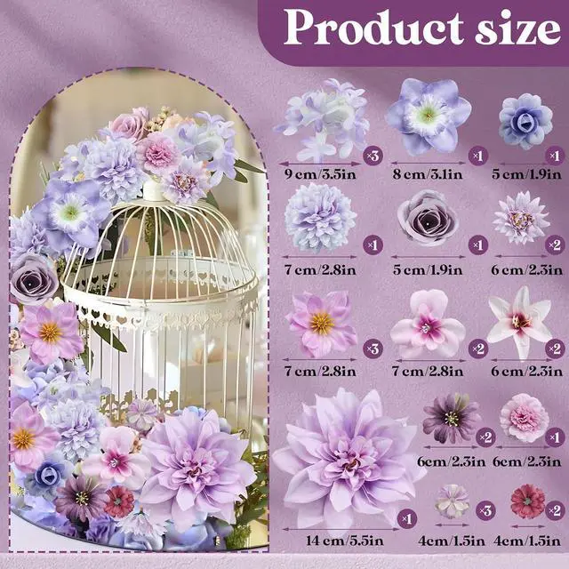 Alt view image 2 of 7 - QUOZUO Artificial Flower Heads, Mini Silk Roses Peonies Daisy Purple Floral Fake Flower Heads for DIY Wreath Gift, Cake Decorations, Table Centerpieces, Party Wedding Home Decoration, 26PCS