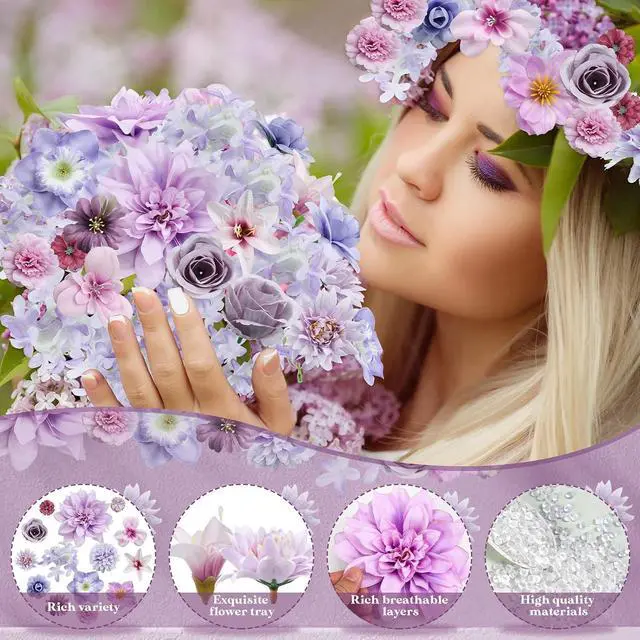 Alt view image 3 of 7 - QUOZUO Artificial Flower Heads, Mini Silk Roses Peonies Daisy Purple Floral Fake Flower Heads for DIY Wreath Gift, Cake Decorations, Table Centerpieces, Party Wedding Home Decoration, 26PCS