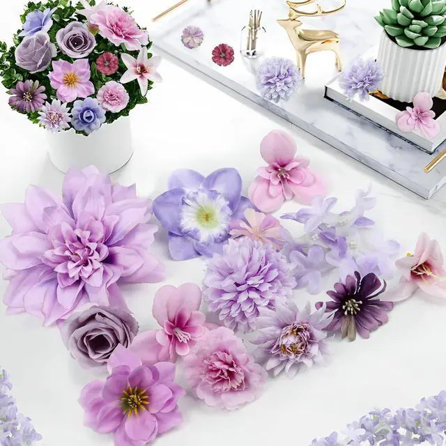 Alt view image 4 of 7 - QUOZUO Artificial Flower Heads, Mini Silk Roses Peonies Daisy Purple Floral Fake Flower Heads for DIY Wreath Gift, Cake Decorations, Table Centerpieces, Party Wedding Home Decoration, 26PCS