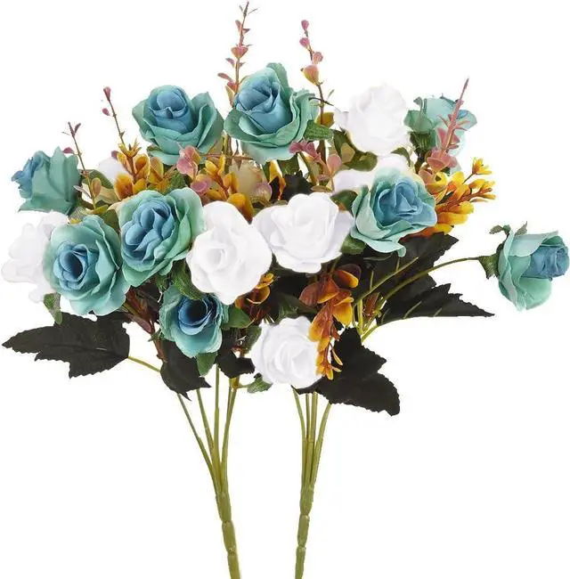 Main image of MOOMASS Artificial Flowers,2 Packs of Artificial Roses.24 Little Rose Silk Flowers. Plastic Flowers,Plants for Home Hotel Wedding Christmas Tables Decorations. Peacock Green