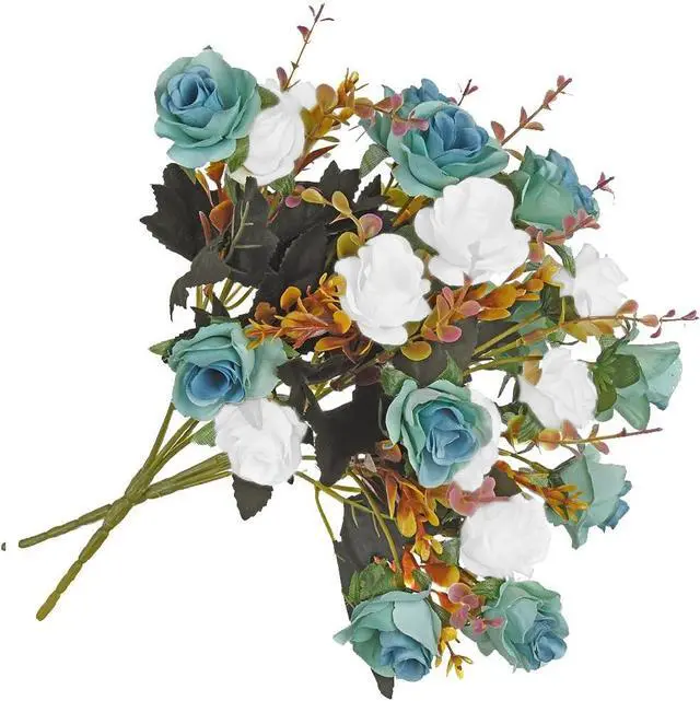Alt view image 2 of 5 - MOOMASS Artificial Flowers,2 Packs of Artificial Roses.24 Little Rose Silk Flowers. Plastic Flowers,Plants for Home Hotel Wedding Christmas Tables Decorations. Peacock Green