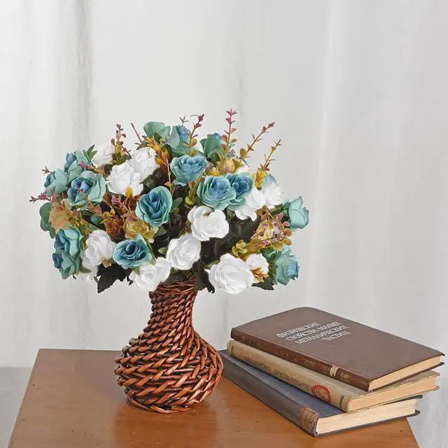 Alt view image 3 of 5 - MOOMASS Artificial Flowers,2 Packs of Artificial Roses.24 Little Rose Silk Flowers. Plastic Flowers,Plants for Home Hotel Wedding Christmas Tables Decorations. Peacock Green