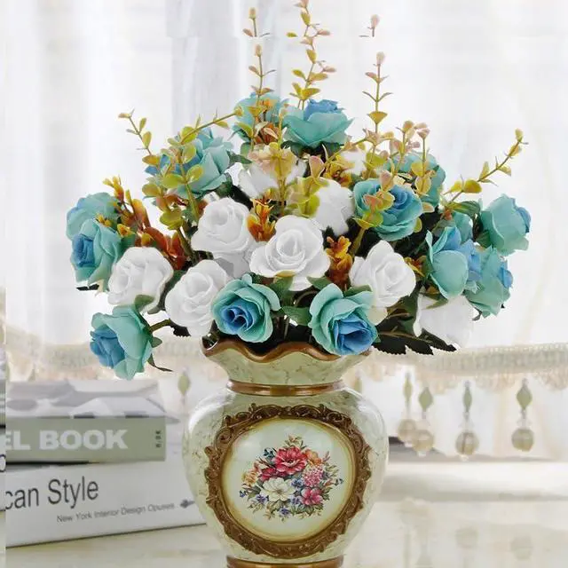 Alt view image 4 of 5 - MOOMASS Artificial Flowers,2 Packs of Artificial Roses.24 Little Rose Silk Flowers. Plastic Flowers,Plants for Home Hotel Wedding Christmas Tables Decorations. Peacock Green