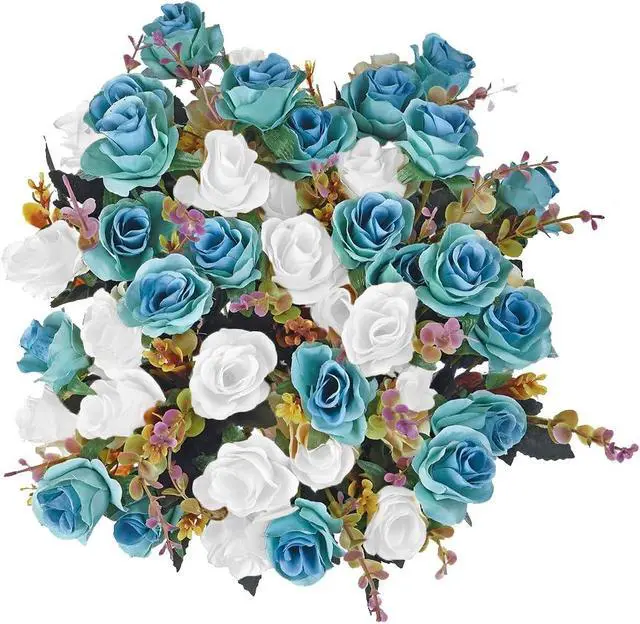 Alt view image 5 of 5 - MOOMASS Artificial Flowers,2 Packs of Artificial Roses.24 Little Rose Silk Flowers. Plastic Flowers,Plants for Home Hotel Wedding Christmas Tables Decorations. Peacock Green