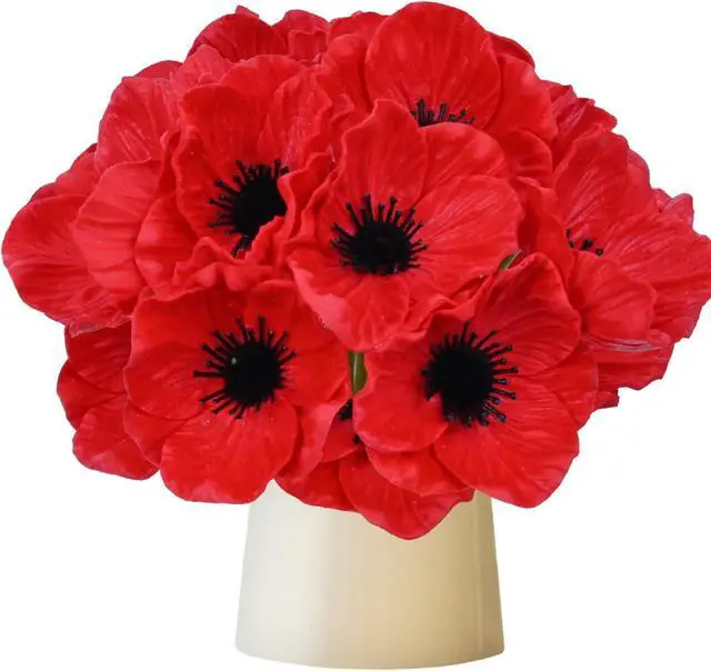 Main image of 10Pcs Red Poppy Artificial Flowers 11" Real Touch No Fade PU Fake Flowers