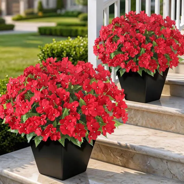 Main image of 8 Bundles 16"Artificial Impatiens Flower Bouquet for Front Porch(Red)