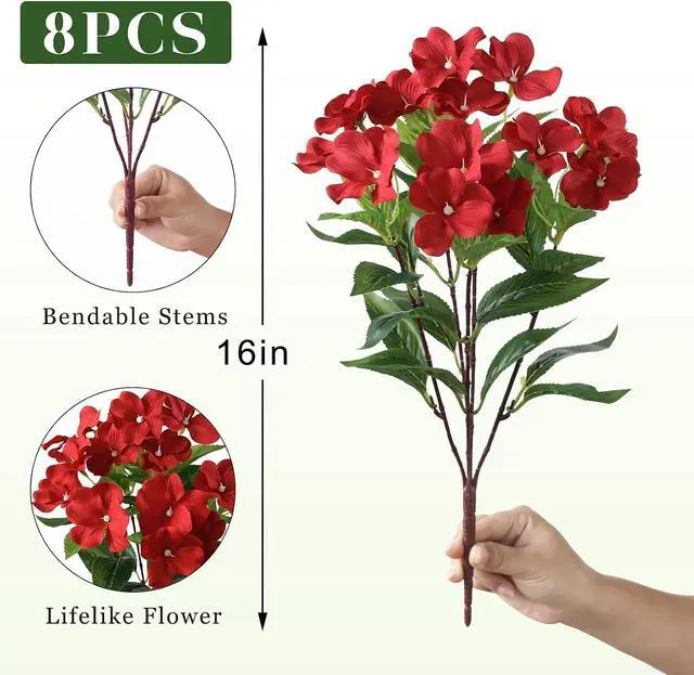 Alt view image 5 of 7 - 8 Bundles 16"Artificial Impatiens Flower Bouquet for Front Porch(Red)