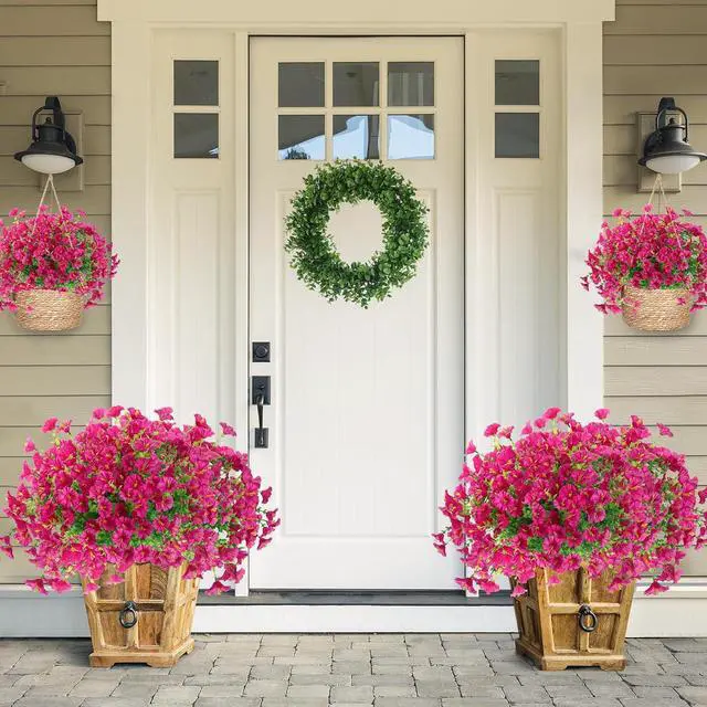Alt view image 2 of 7 - Artificial Flowers for Outdoors 12 Bundles Realistic Faux Plants UV Resistant Fake Silk Morning Glory with Eucalyptus for Front Door Planter Patio Porch Outside Spring Summer Decoration (Magenta)