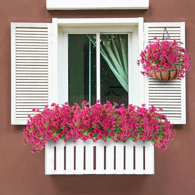 Alt view image 3 of 7 - Artificial Flowers for Outdoors 12 Bundles Realistic Faux Plants UV Resistant Fake Silk Morning Glory with Eucalyptus for Front Door Planter Patio Porch Outside Spring Summer Decoration (Magenta)