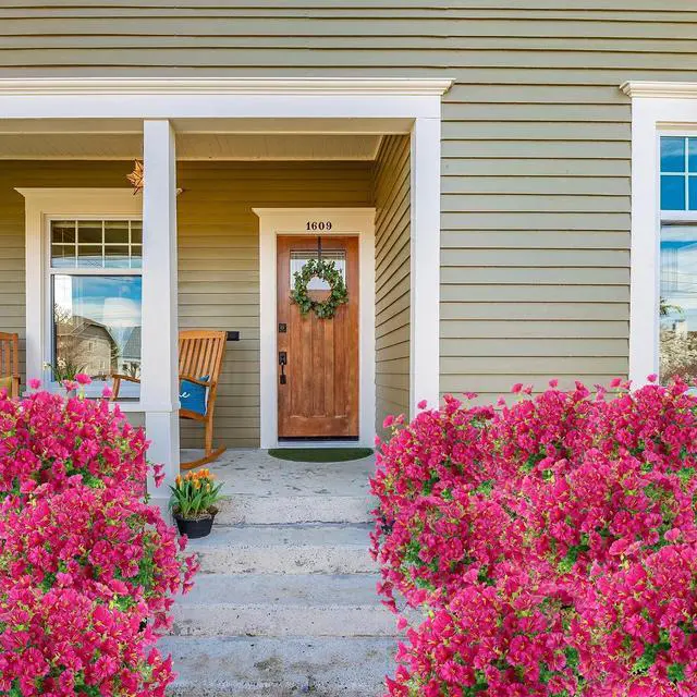 Alt view image 4 of 7 - Artificial Flowers for Outdoors 12 Bundles Realistic Faux Plants UV Resistant Fake Silk Morning Glory with Eucalyptus for Front Door Planter Patio Porch Outside Spring Summer Decoration (Magenta)