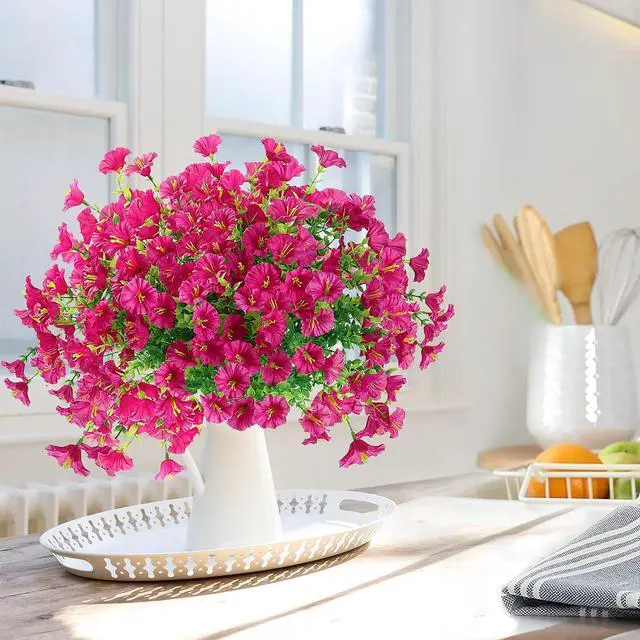 Alt view image 5 of 7 - Artificial Flowers for Outdoors 12 Bundles Realistic Faux Plants UV Resistant Fake Silk Morning Glory with Eucalyptus for Front Door Planter Patio Porch Outside Spring Summer Decoration (Magenta)