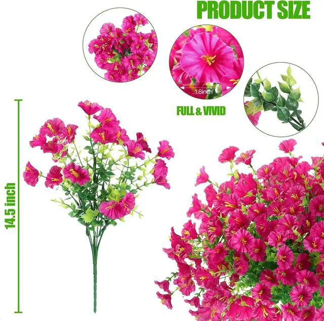 Alt view image 7 of 7 - Artificial Flowers for Outdoors 12 Bundles Realistic Faux Plants UV Resistant Fake Silk Morning Glory with Eucalyptus for Front Door Planter Patio Porch Outside Spring Summer Decoration (Magenta)