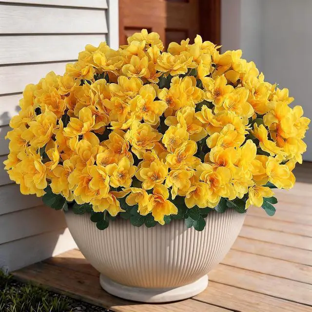 Alt view image 2 of 7 - 8 Bundles 16" Artificial Azalea Flower Bouquet for Front Door(Yellow)