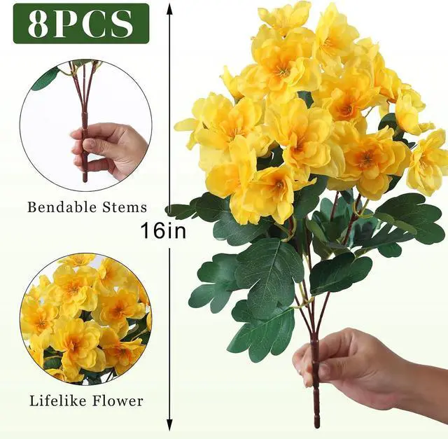 Alt view image 5 of 7 - 8 Bundles 16" Artificial Azalea Flower Bouquet for Front Door(Yellow)