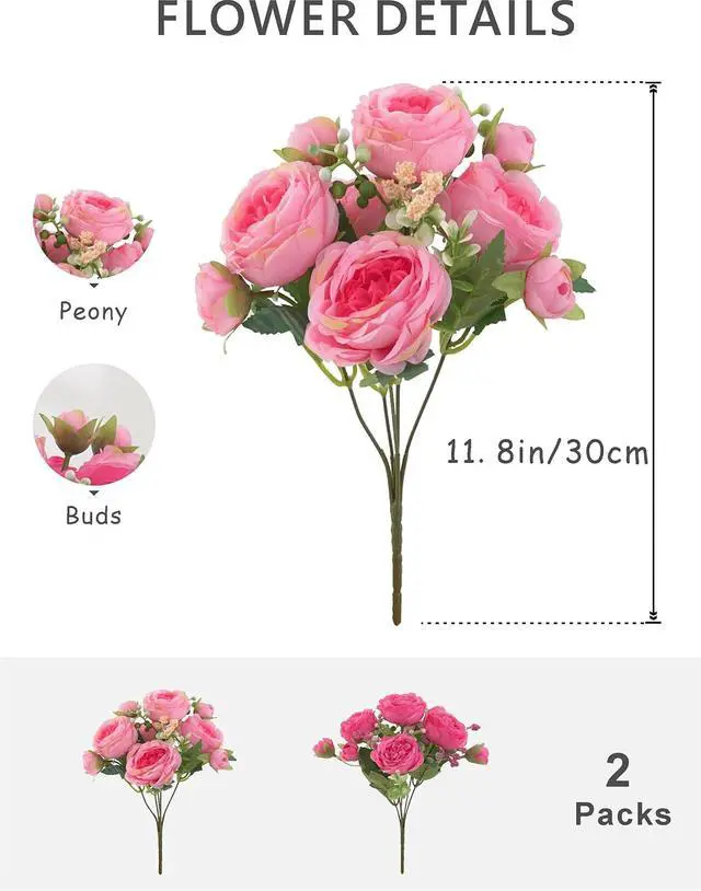 Alt view image 3 of 7 - 2-Pack Pink & Rose Red Artificial Peony Bouquets for Table Decor