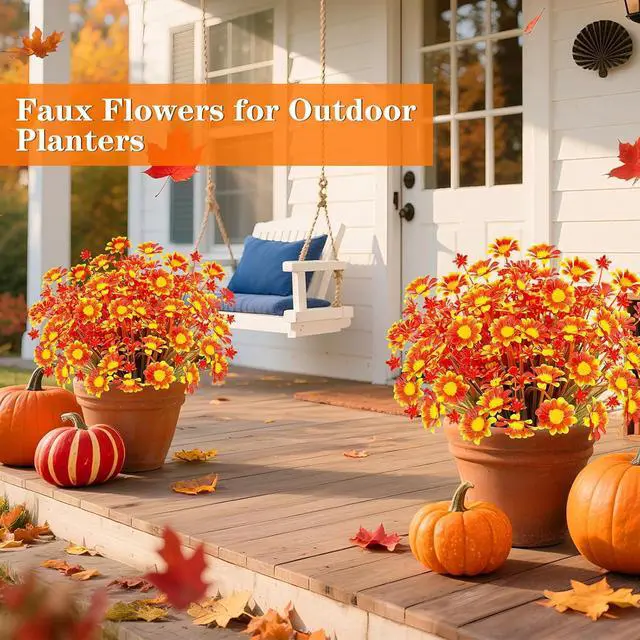 Alt view image 3 of 7 - 8 Bundles Artificial Mums for Outdoors Fall Flowers UV Resistant Fall Decor