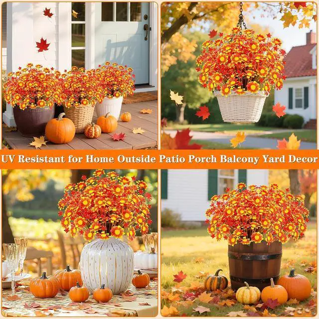 Alt view image 5 of 7 - 8 Bundles Artificial Mums for Outdoors Fall Flowers UV Resistant Fall Decor