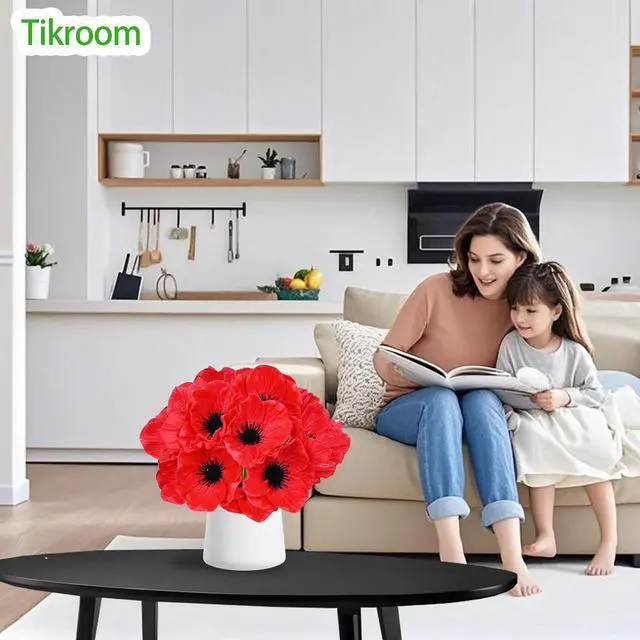 Alt view image 2 of 7 - 10Pcs Red Poppy Artificial Flowers 11" Real Touch No Fade PU Fake Flowers