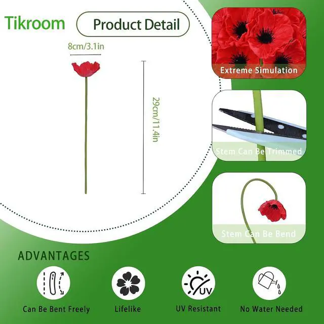 Alt view image 6 of 7 - 10Pcs Red Poppy Artificial Flowers 11" Real Touch No Fade PU Fake Flowers