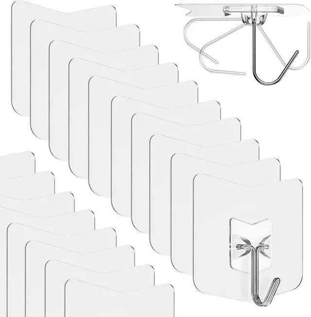 Main image of Clear Adhesive Wall Hooks No-Drill, Transparent Hooks 12 Pack