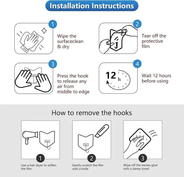 Alt view image 5 of 7 - Clear Adhesive Wall Hooks No-Drill, Transparent Hooks 12 Pack