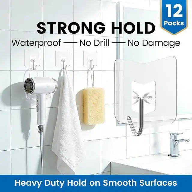 Alt view image 6 of 7 - Clear Adhesive Wall Hooks No-Drill, Transparent Hooks 12 Pack