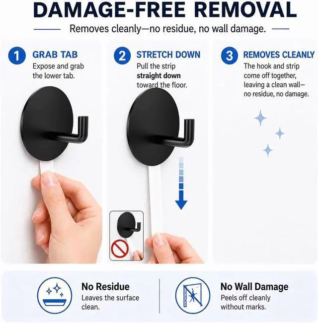 Alt view image 3 of 7 - Removable Towel Hooks for Bathrooms, Heavy Duty Adhesive Hooks for Walls No Damage, Black Home Storage Hooks for Inside Shower, Sticky Hooks for Hanging Robe Coat Loofah Clothes Kitchen, 14Pcs Sus304