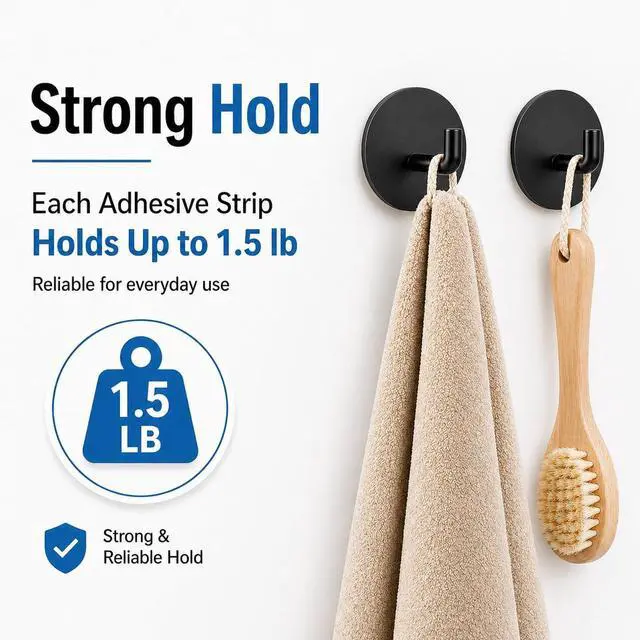Alt view image 4 of 7 - Removable Towel Hooks for Bathrooms, Heavy Duty Adhesive Hooks for Walls No Damage, Black Home Storage Hooks for Inside Shower, Sticky Hooks for Hanging Robe Coat Loofah Clothes Kitchen, 14Pcs Sus304