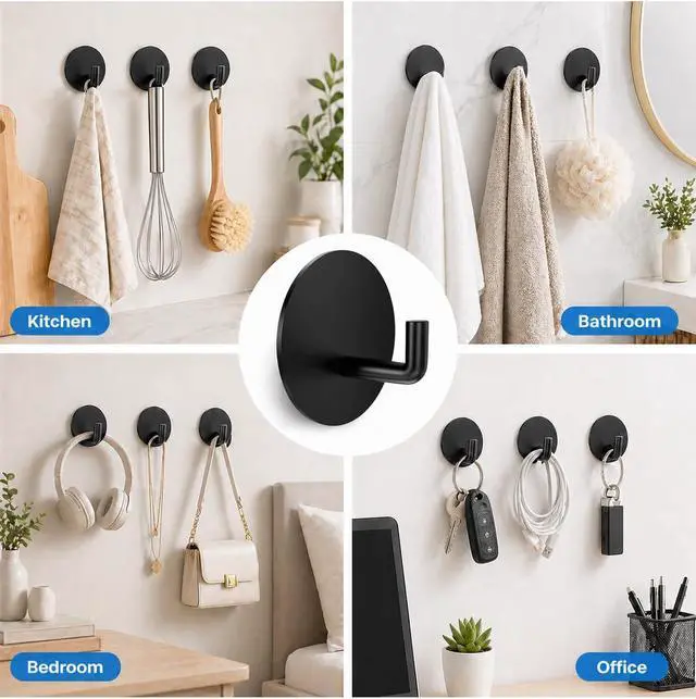 Alt view image 5 of 7 - Removable Towel Hooks for Bathrooms, Heavy Duty Adhesive Hooks for Walls No Damage, Black Home Storage Hooks for Inside Shower, Sticky Hooks for Hanging Robe Coat Loofah Clothes Kitchen, 14Pcs Sus304