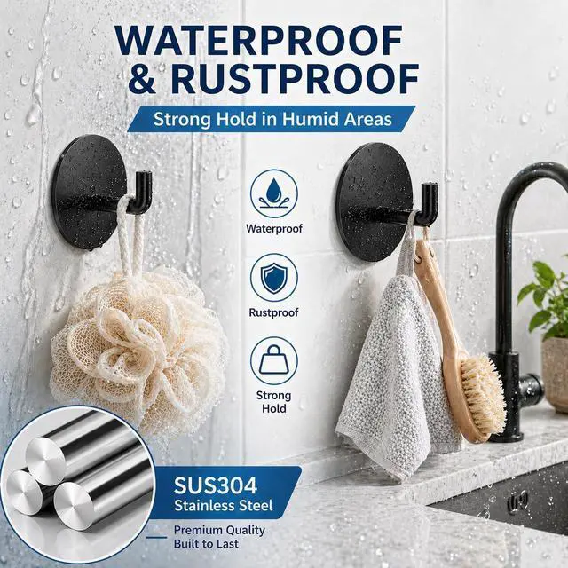 Alt view image 6 of 7 - Removable Towel Hooks for Bathrooms, Heavy Duty Adhesive Hooks for Walls No Damage, Black Home Storage Hooks for Inside Shower, Sticky Hooks for Hanging Robe Coat Loofah Clothes Kitchen, 14Pcs Sus304