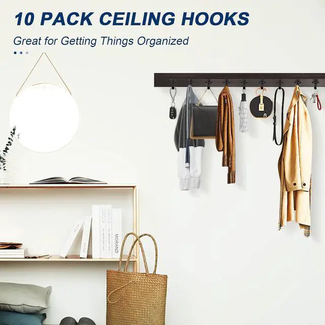 Alt view image 4 of 7 - NearMoon Stainless Steel Screw Mounted Ceiling Hooks, Under-Shelf Towel/Robe Clothes Hook Heavy Duty Coat Hanger for Bathroom Kitchen Cabinet Garage, 10 Pack (Matte Black)
