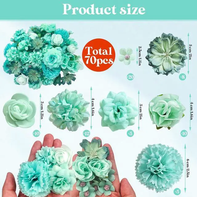Alt view image 2 of 7 - QUOZUO 70 pcs Mini Artificial Flowers Heads Mint Green Silk Peony Daisy Rose Bulk Mix Flower Heads Faux Rose for Crafts Graduation Wedding Baby Shower DIY Home Party Decoration