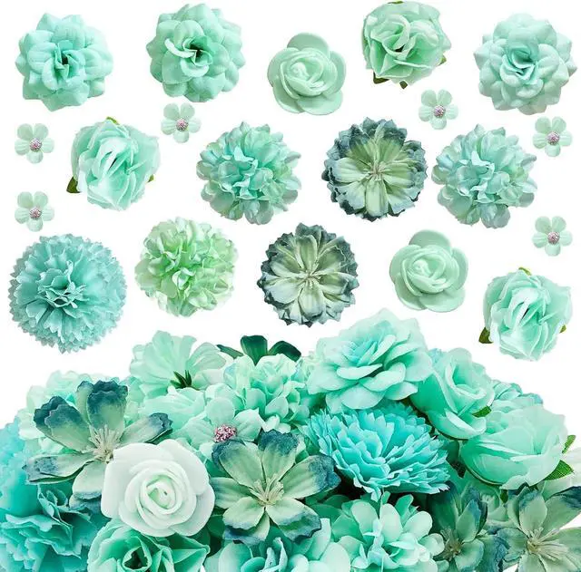 Main image of QUOZUO 70 pcs Mini Artificial Flowers Heads Mint Green Silk Peony Daisy Rose Bulk Mix Flower Heads Faux Rose for Crafts Graduation Wedding Baby Shower DIY Home Party Decoration