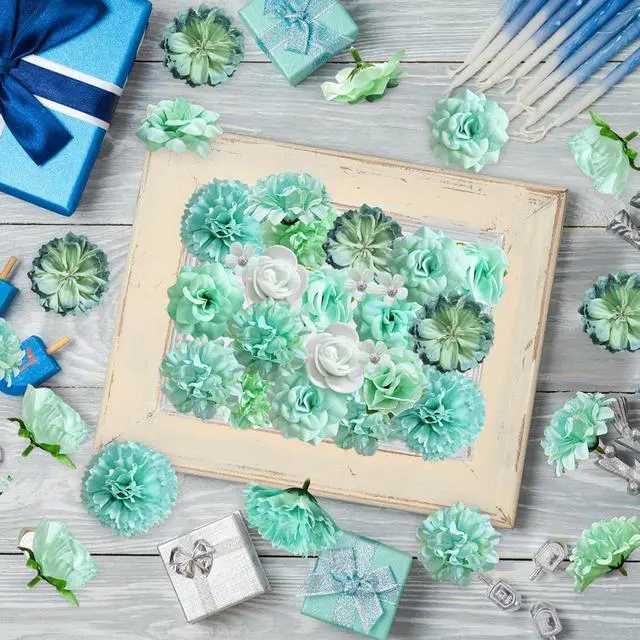 Alt view image 3 of 7 - QUOZUO 70 pcs Mini Artificial Flowers Heads Mint Green Silk Peony Daisy Rose Bulk Mix Flower Heads Faux Rose for Crafts Graduation Wedding Baby Shower DIY Home Party Decoration