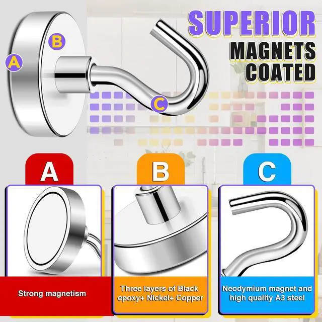 Alt view image 4 of 7 - TRYMAG Magnetic Hooks for Cruise Cabins, 85LBS, 6 Pack, Silver