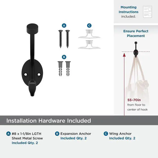 Alt view image 5 of 7 - Amerock Adare Double Prong Matte Black Wall-Mounted Hook