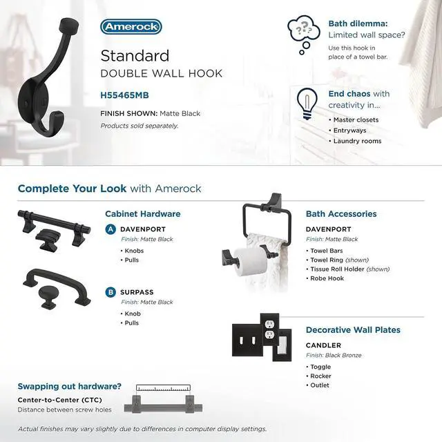 Alt view image 6 of 7 - Amerock Adare Double Prong Matte Black Wall-Mounted Hook