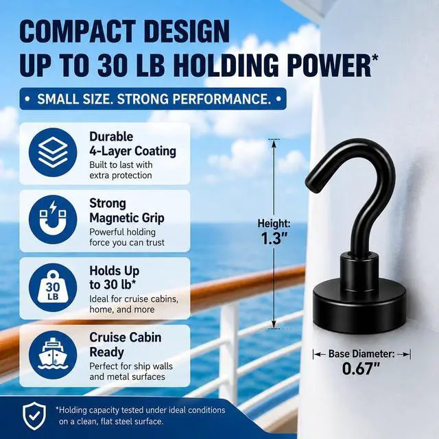 Alt view image 2 of 6 - Neosmuk Magnetic Hooks for Cruise Cabins,30lb Heavy Duty,Black,4 Pack