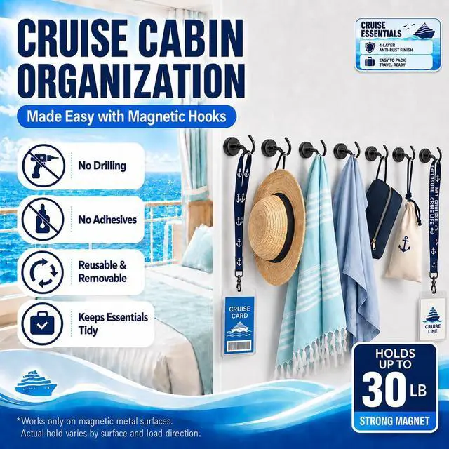 Alt view image 4 of 6 - Neosmuk Magnetic Hooks for Cruise Cabins,30lb Heavy Duty,Black,4 Pack