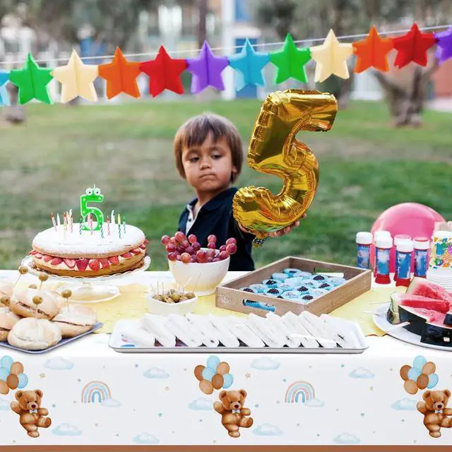 Alt view image 4 of 6 - Caisehabu 3 Pieces Teddy Bear Baby Shower Tablecloths Plastic Table Cover, Boho Brown Blue Birthday Party Decorations Supplies for Boys Kids Large Size 108×54 Inch Rectangular